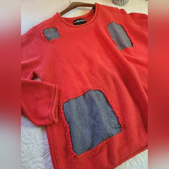 Vintage Red Striped Patch Sweater | Red & Pinstripe | Large - Picture 10 of 11
